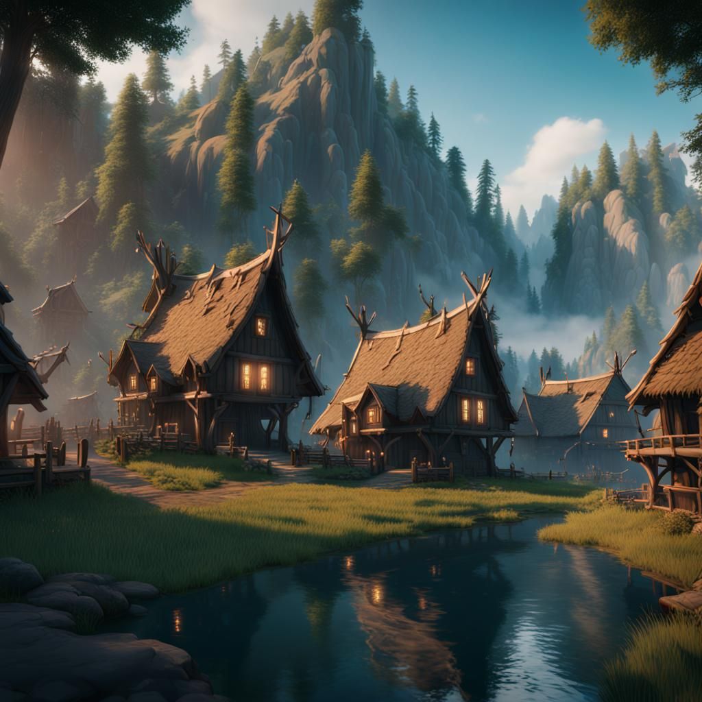 Detailed Valheim Village in Fantasy Concept Art