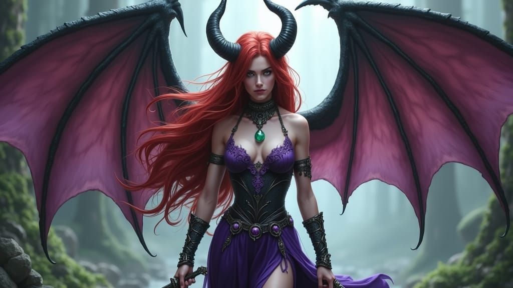 Winged Tiefling Sorceress in Detailed Digital Painting