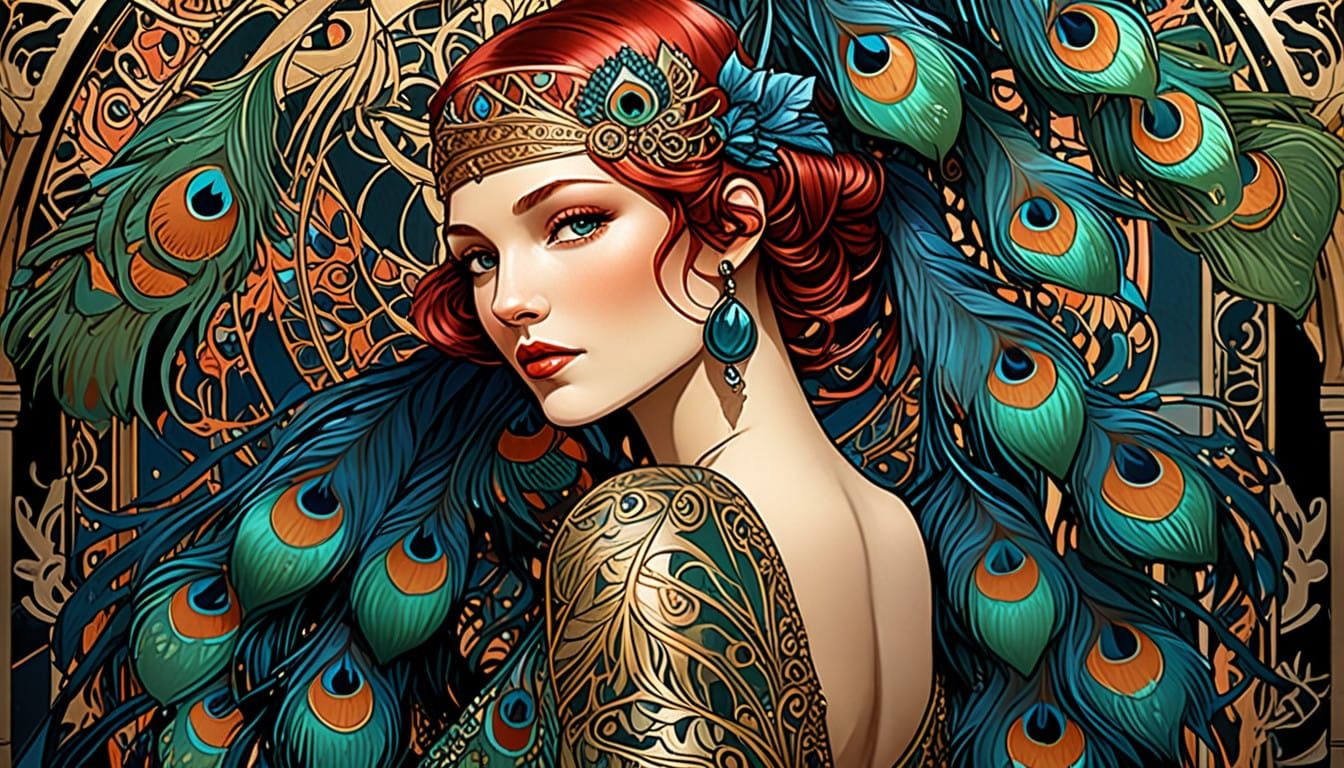 Flapper Goddess Amidst Peacock Splendor in Art Nouveau Style