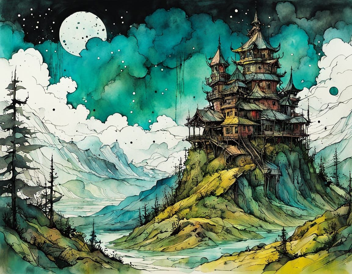 Fantasy Tower Town in Misty Forest