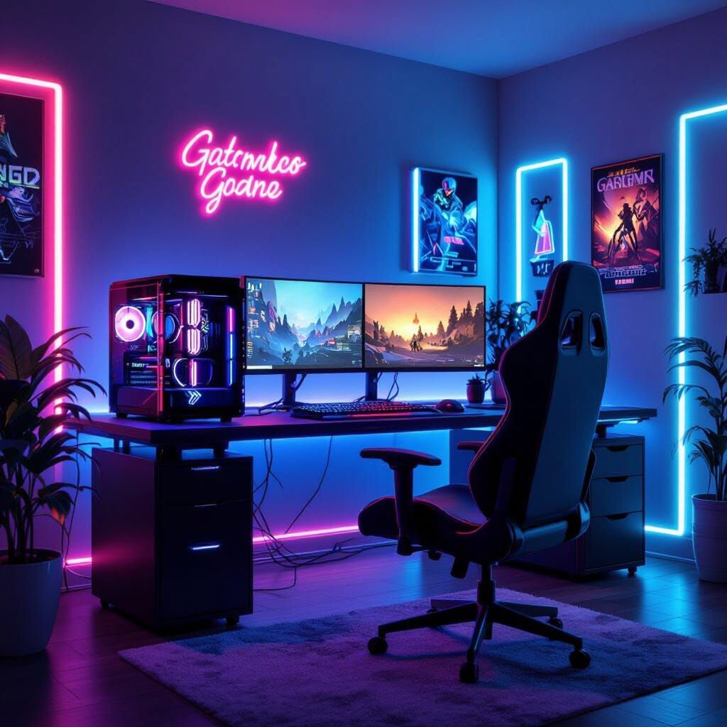 Futuristic Gaming Room at Night 3D Render