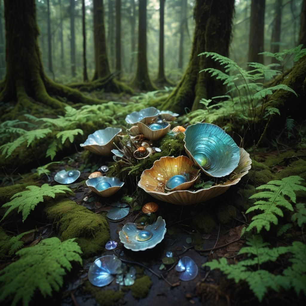 Luminous Fungal Shells in Enchanted Forest