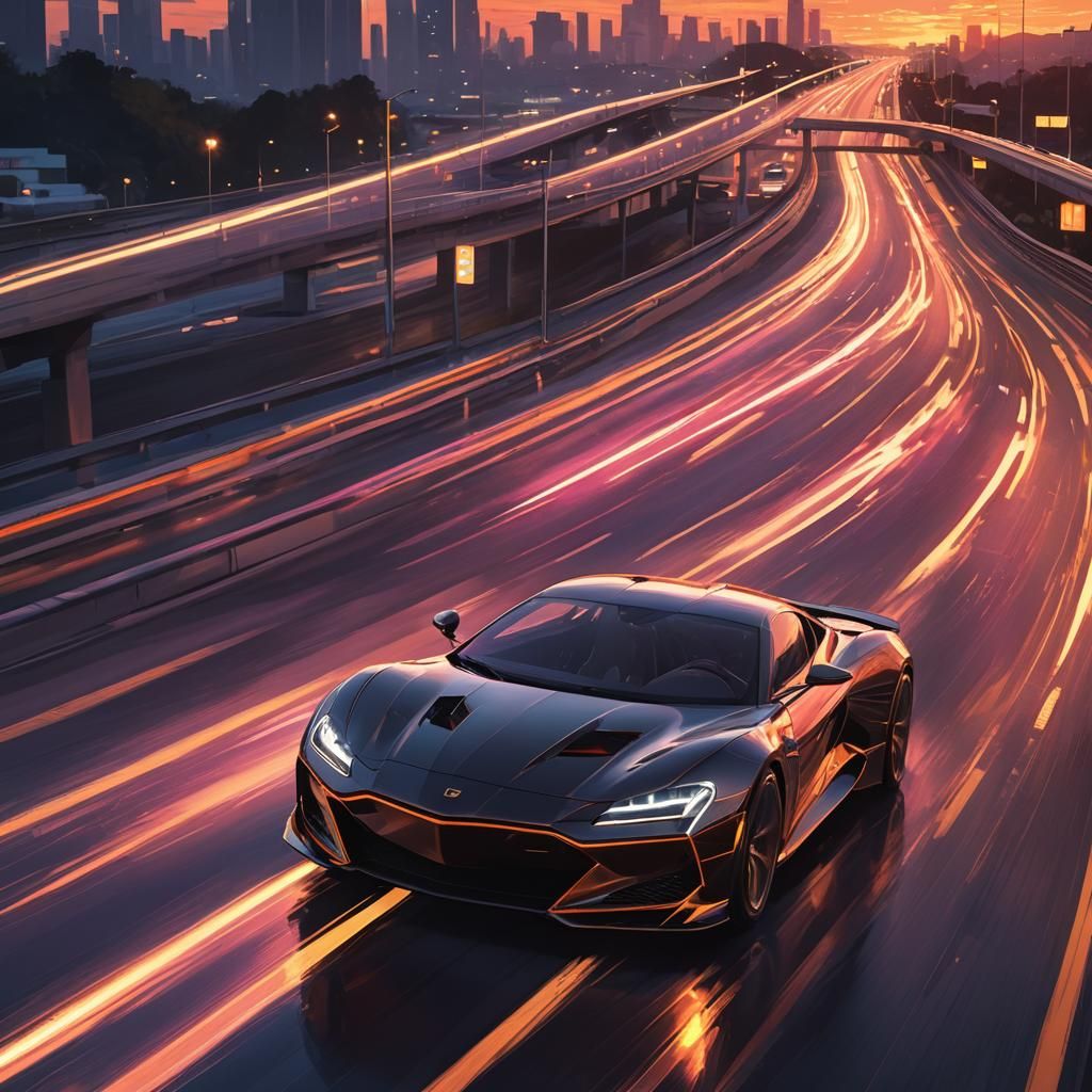 Neon Sports Car on Highway: Anime-Inspired Concept Art