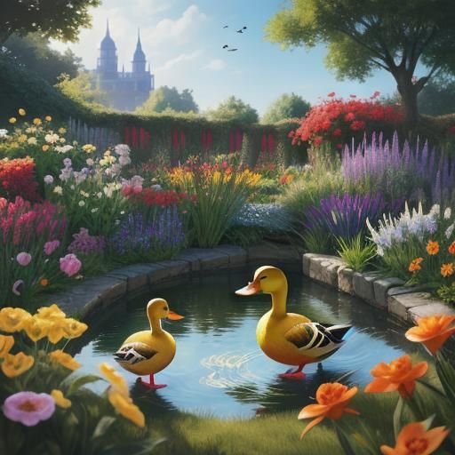Colorful Duck and Child in Hyperrealistic Garden