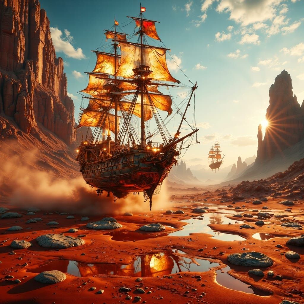 Ethereal Steampunk Sailing Ship Glides Over Mars