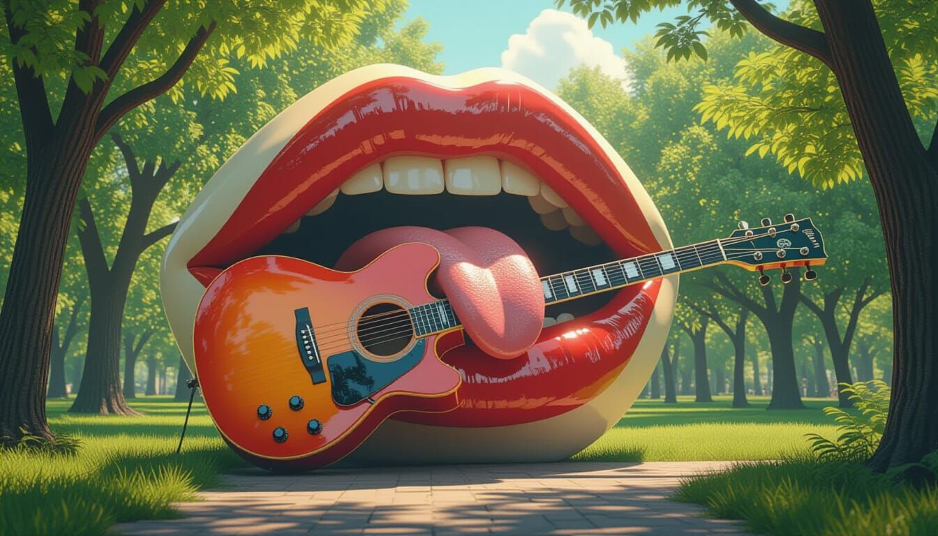 Surreal Mouth with Guitar in Park, Dalí Style
