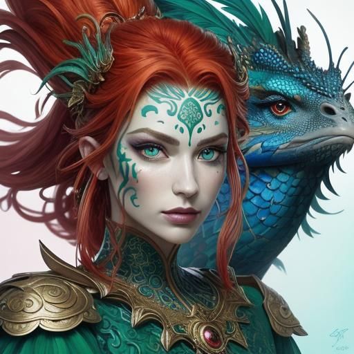 Dragon Woman Portrait with Peacock Feathers