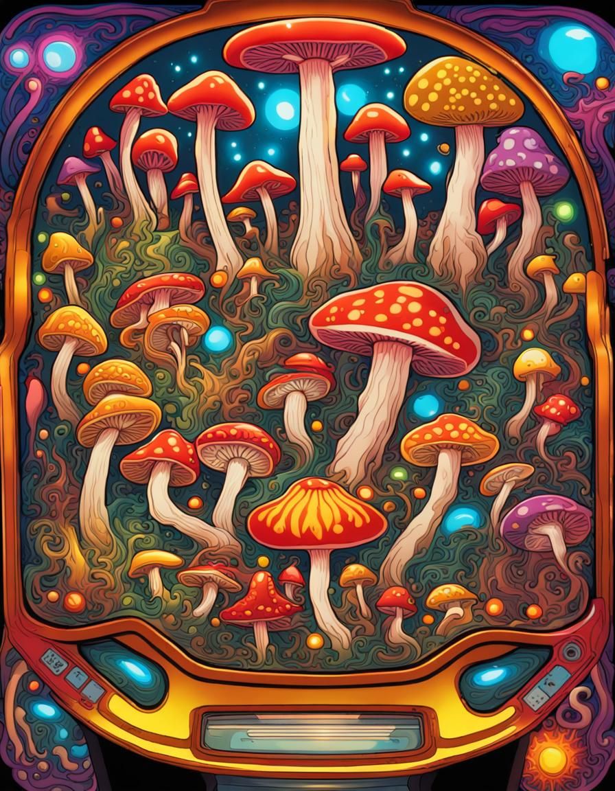 Colorful psychedelic mushrooms pinball machine