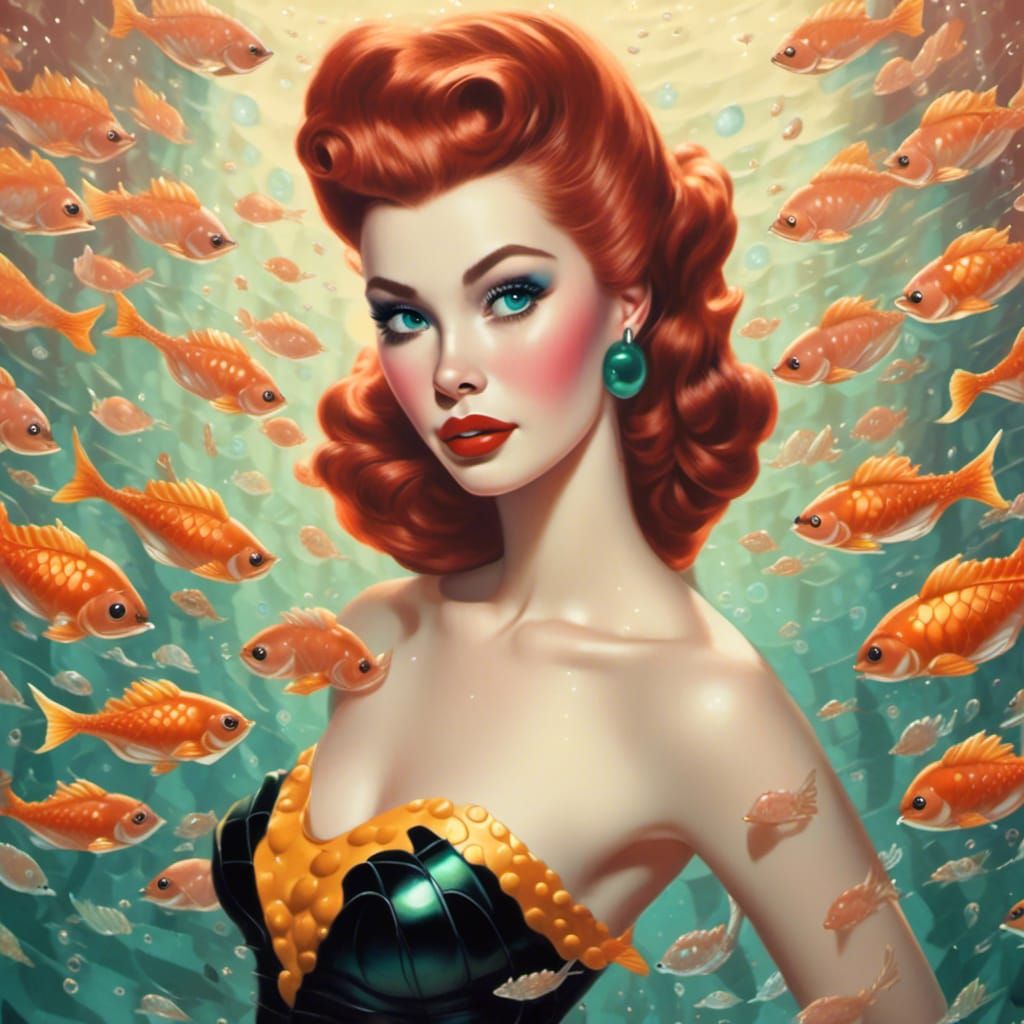 1950s mermaid, cateye black eyeliner natural simple beauty technicolor <lora:RoboEyes:0.8>