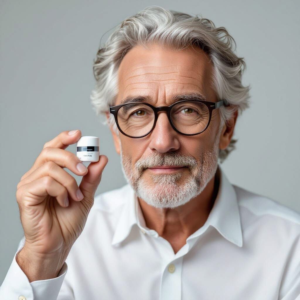 Elderly Man with Anti-Aging Capsule in Futuristic Style