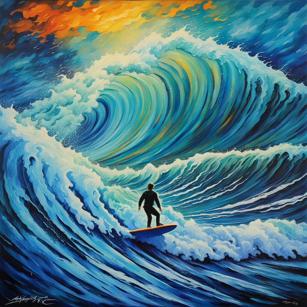 Surfer Rides Storm Wave in Impressionistic Acrylic Art