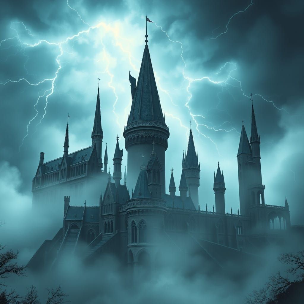 Majestic Hogwarts Castle Amidst Dramatic Stormy Sky