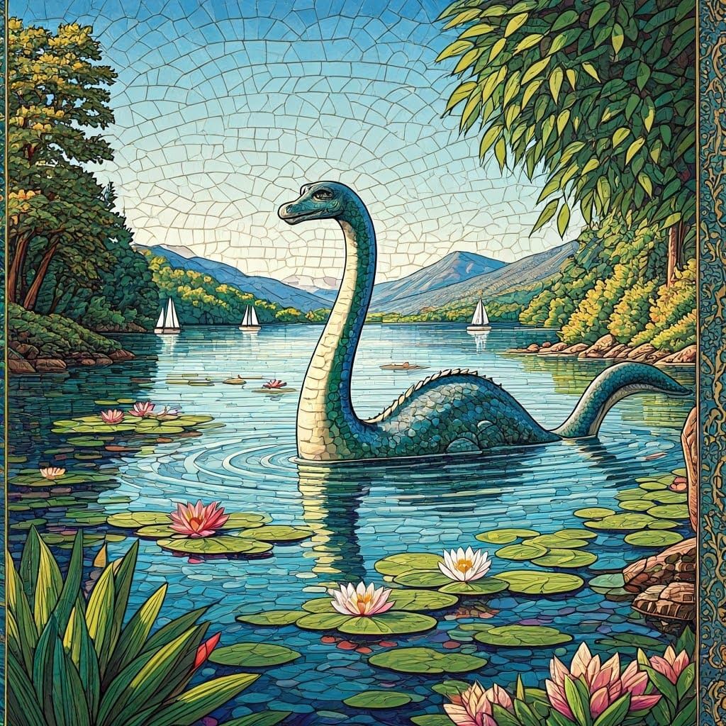 Loch Ness Monster in Vibrant Mosaic Tile Art