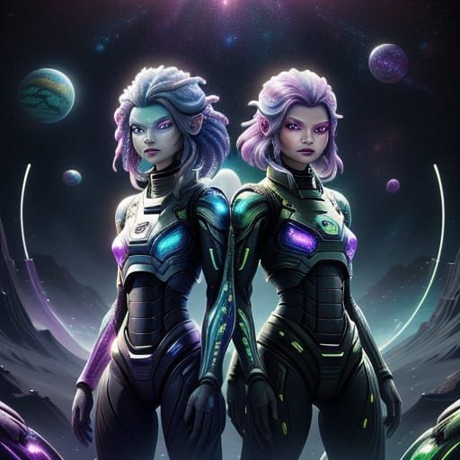 Two Female Aliens in Vibrant Neon Galaxy