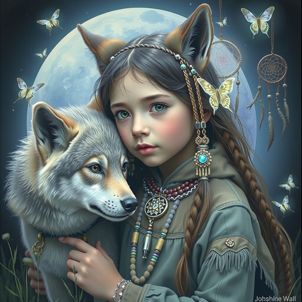 Ethereal Native American Boy and Wolf Pup