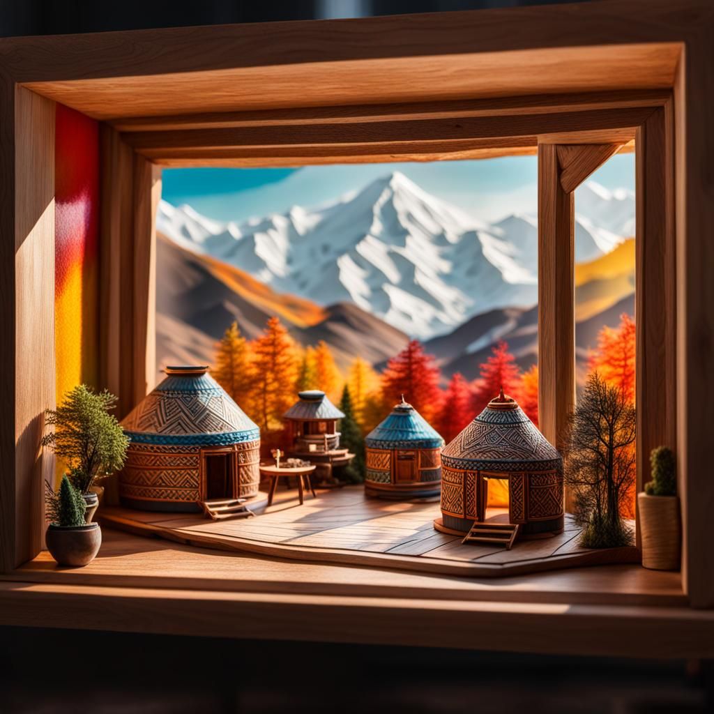 Hyperrealistic Miniature Yurt Village on Window Shelf