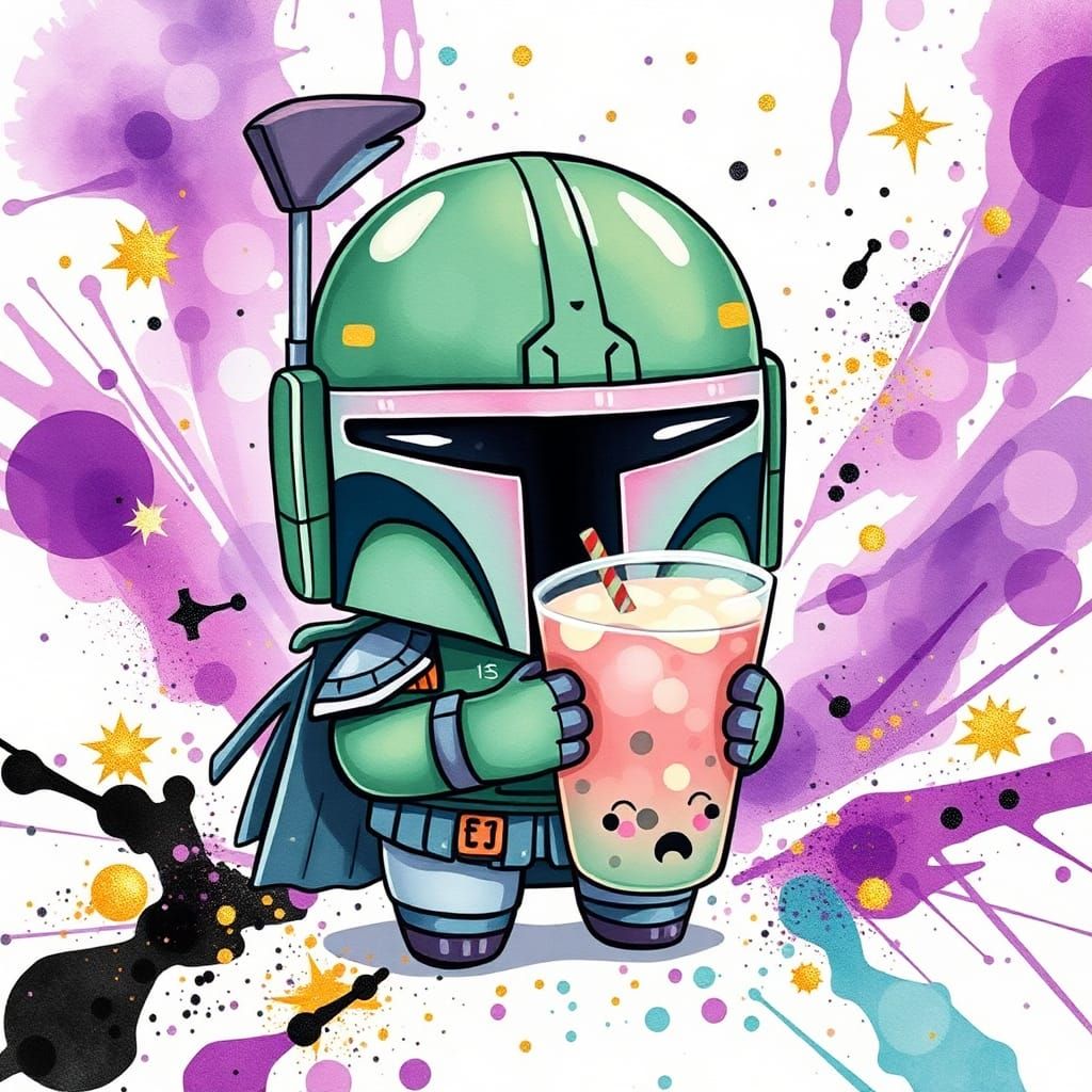 Kawaii Boba Fett Sipping Bubble Tea in Manga Style