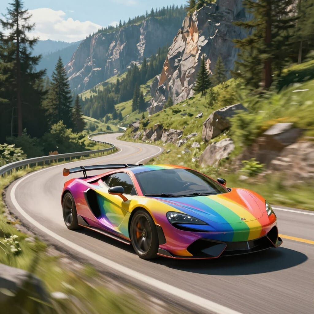 Rainbow Sports Car Speeds Down Mountain Road