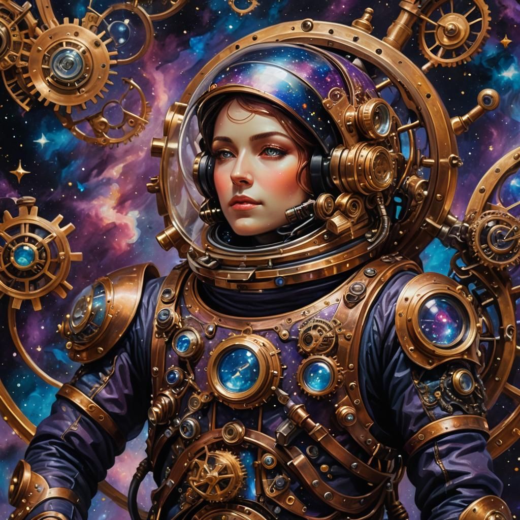 Steampunk Astronaut in Swirling Galaxies: Maximalist Oil Pai...