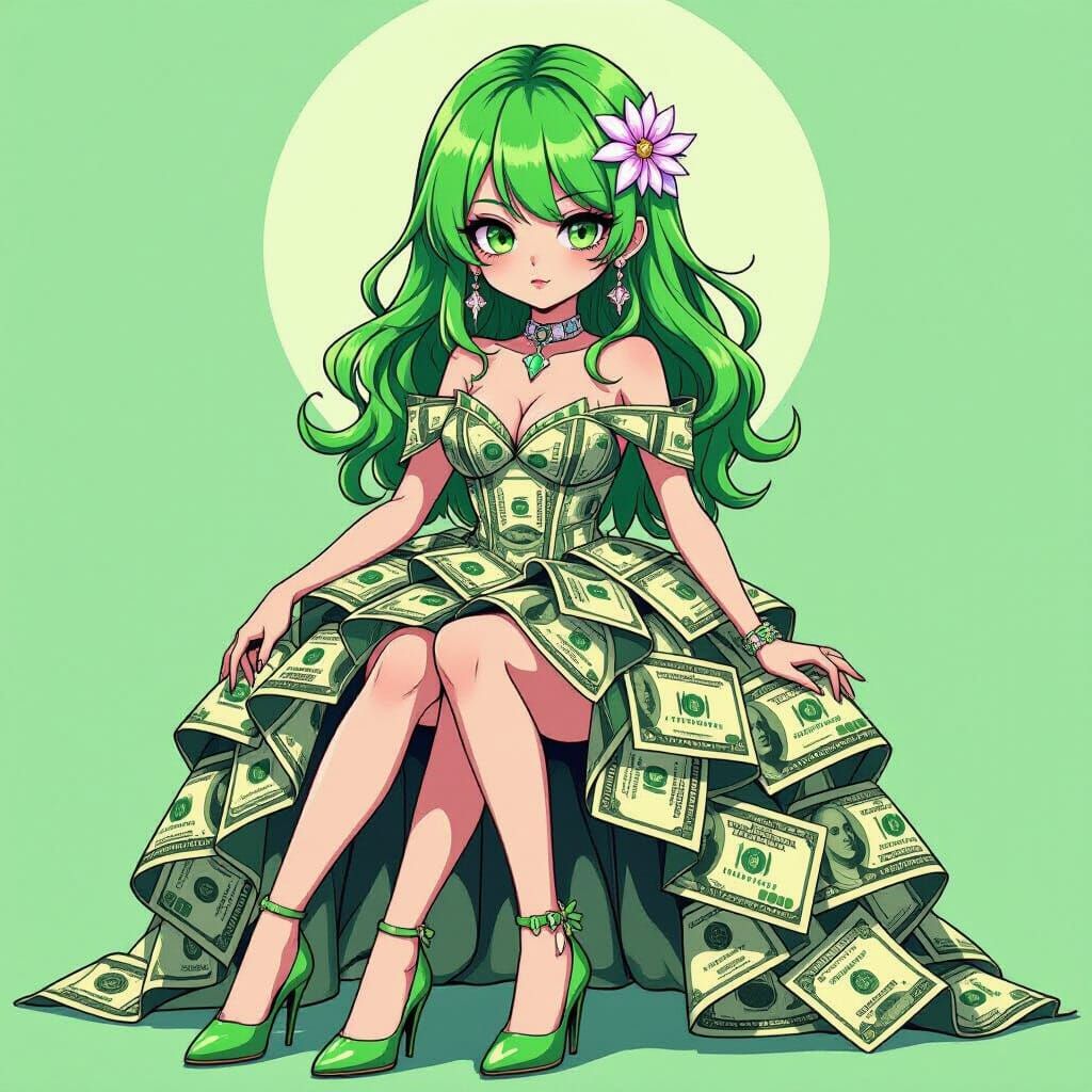 Green Haired Girl in Dollar Bill Dress, Pop Art Style