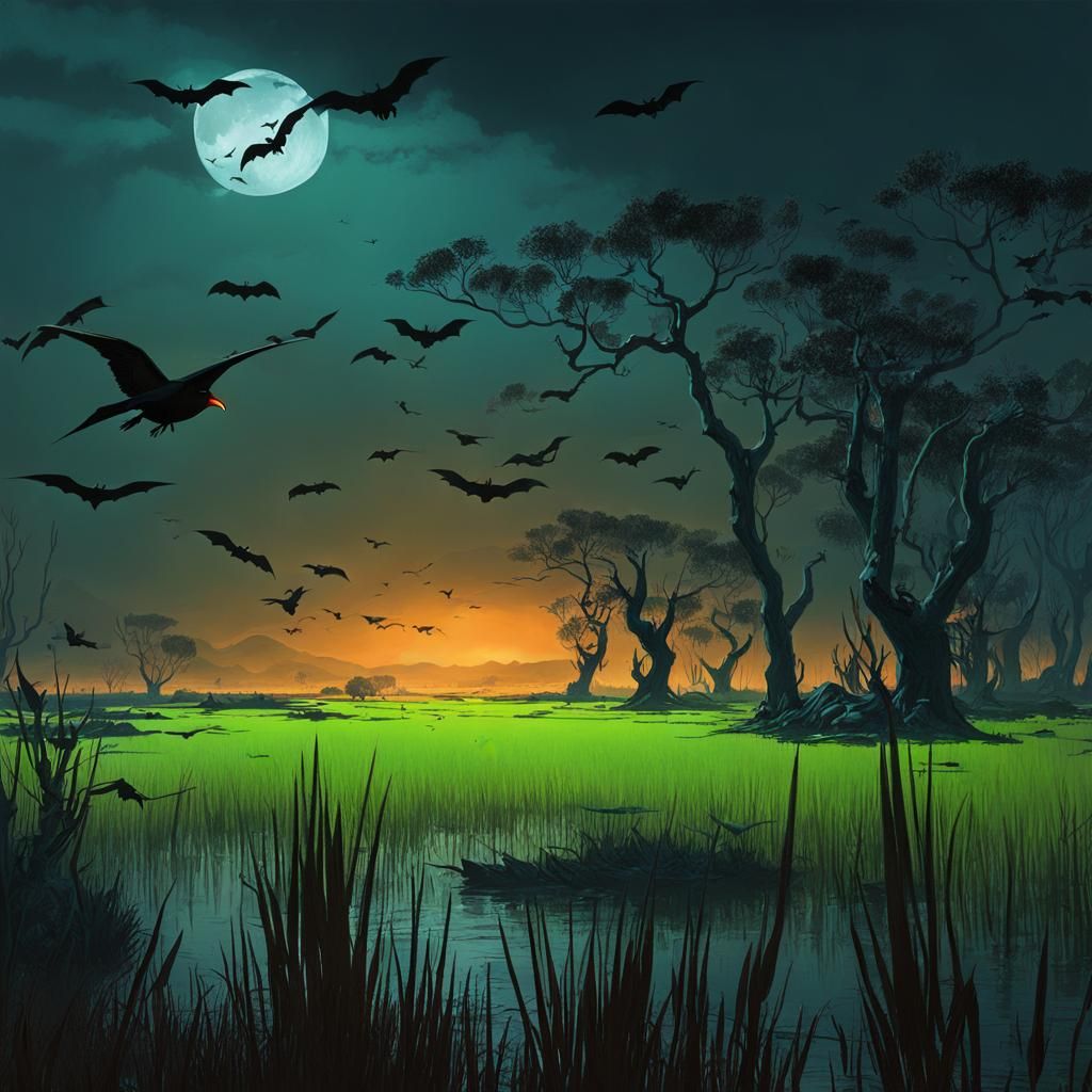 Swamp Bats and Crows in Pre-Raphaelite Style