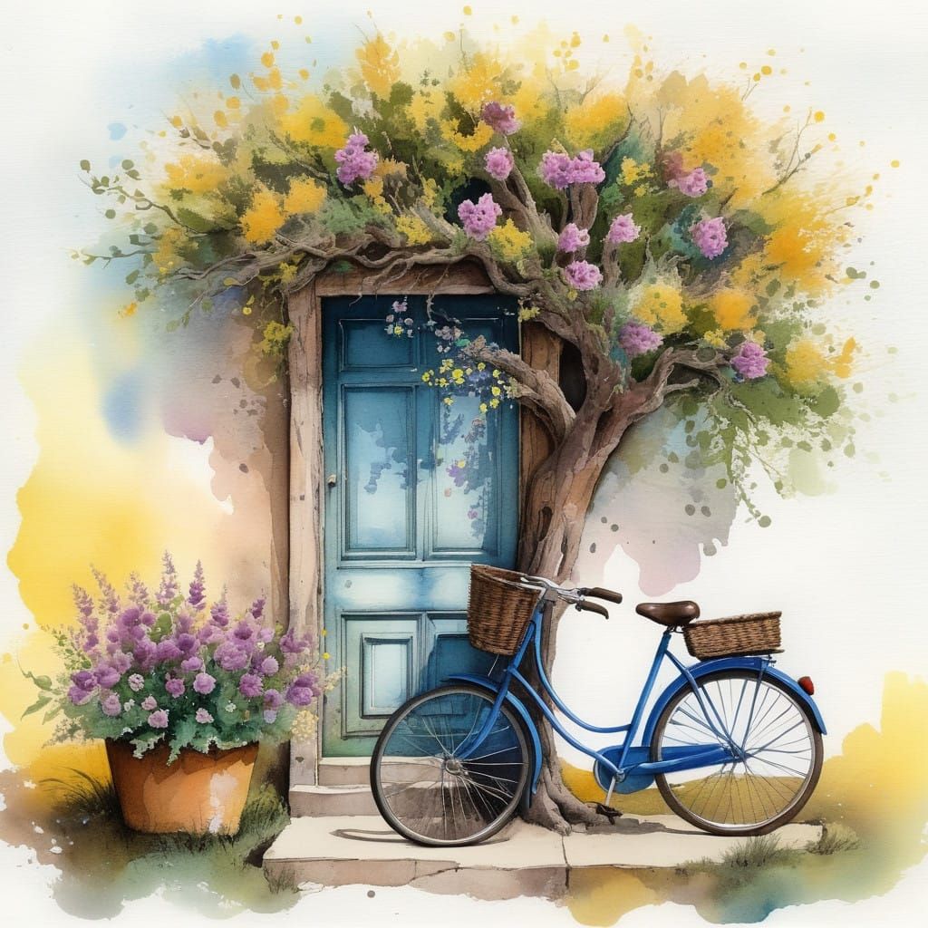 watercolor and ink, an old door , a bicycle and a tree with flowers. complementary colors