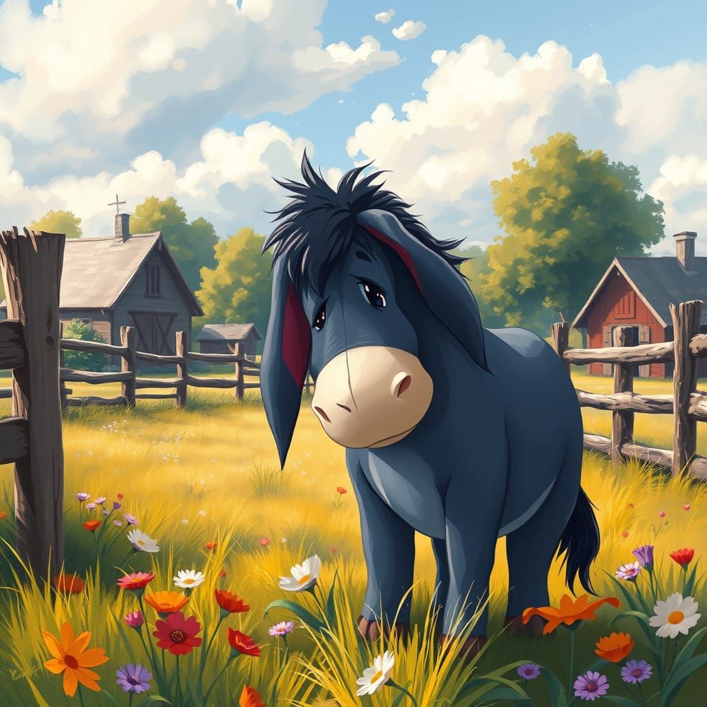 Whimsical Eeyore in a Cozy Meadow