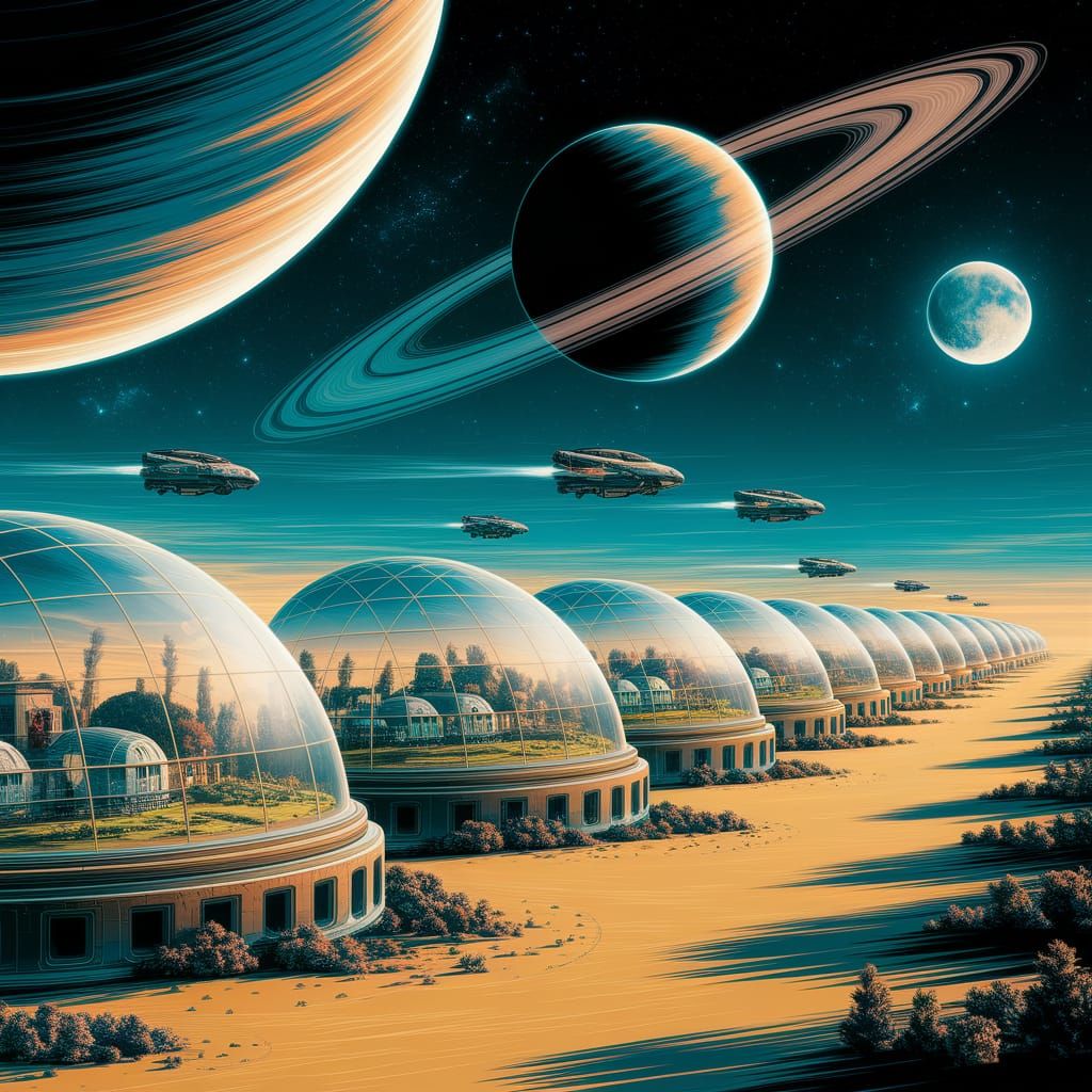 Futuristic Oasis on a Distant Ringed Planet