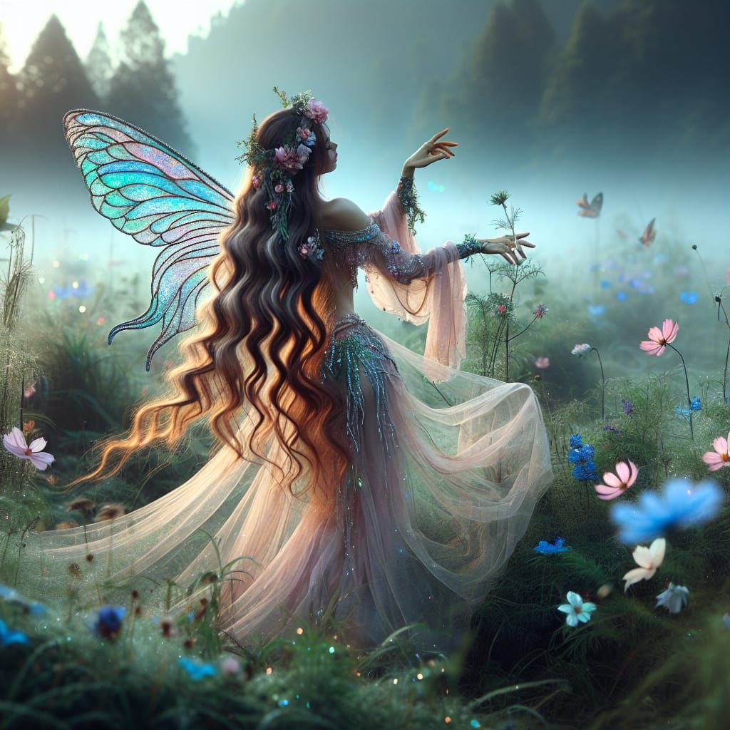 Graceful Fairy Dancing in Misty Meadow