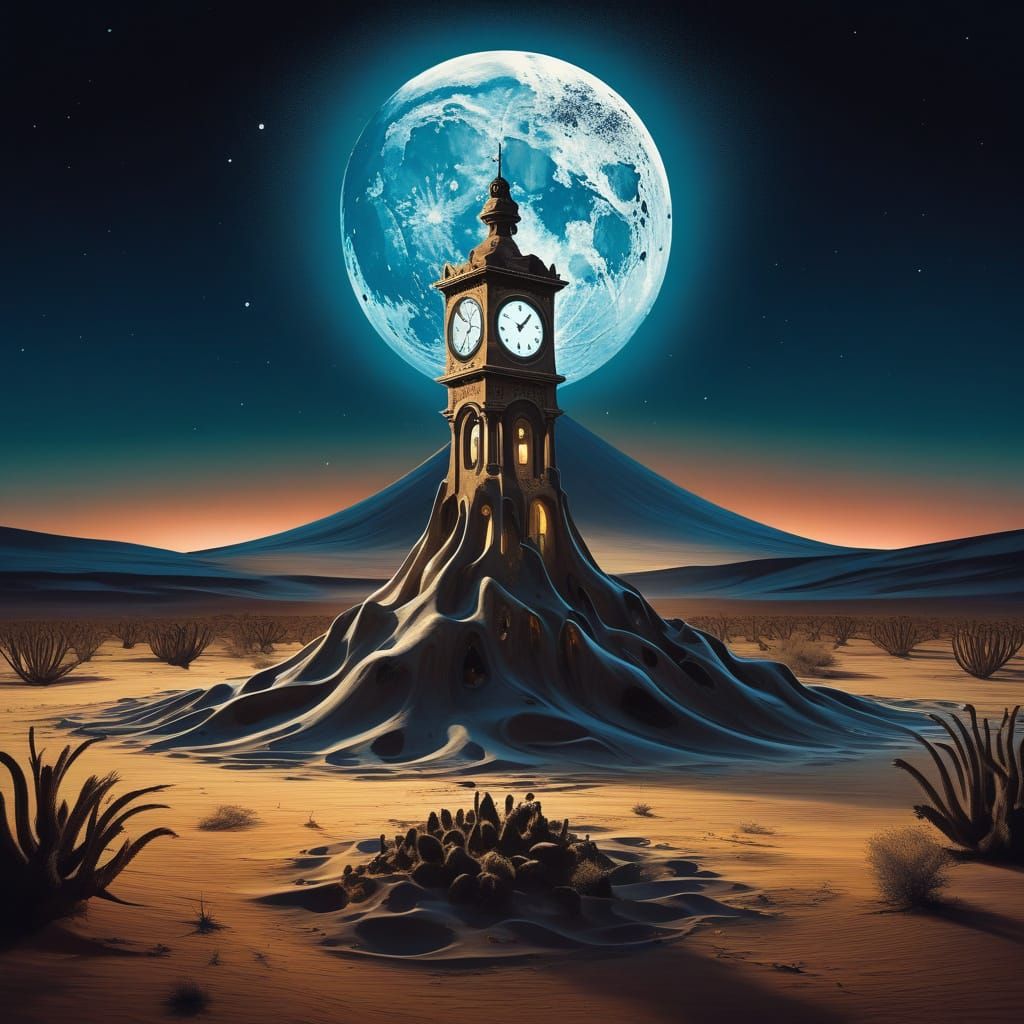 Surreal Melting Clock Tower in Moonlit Desert Landscape