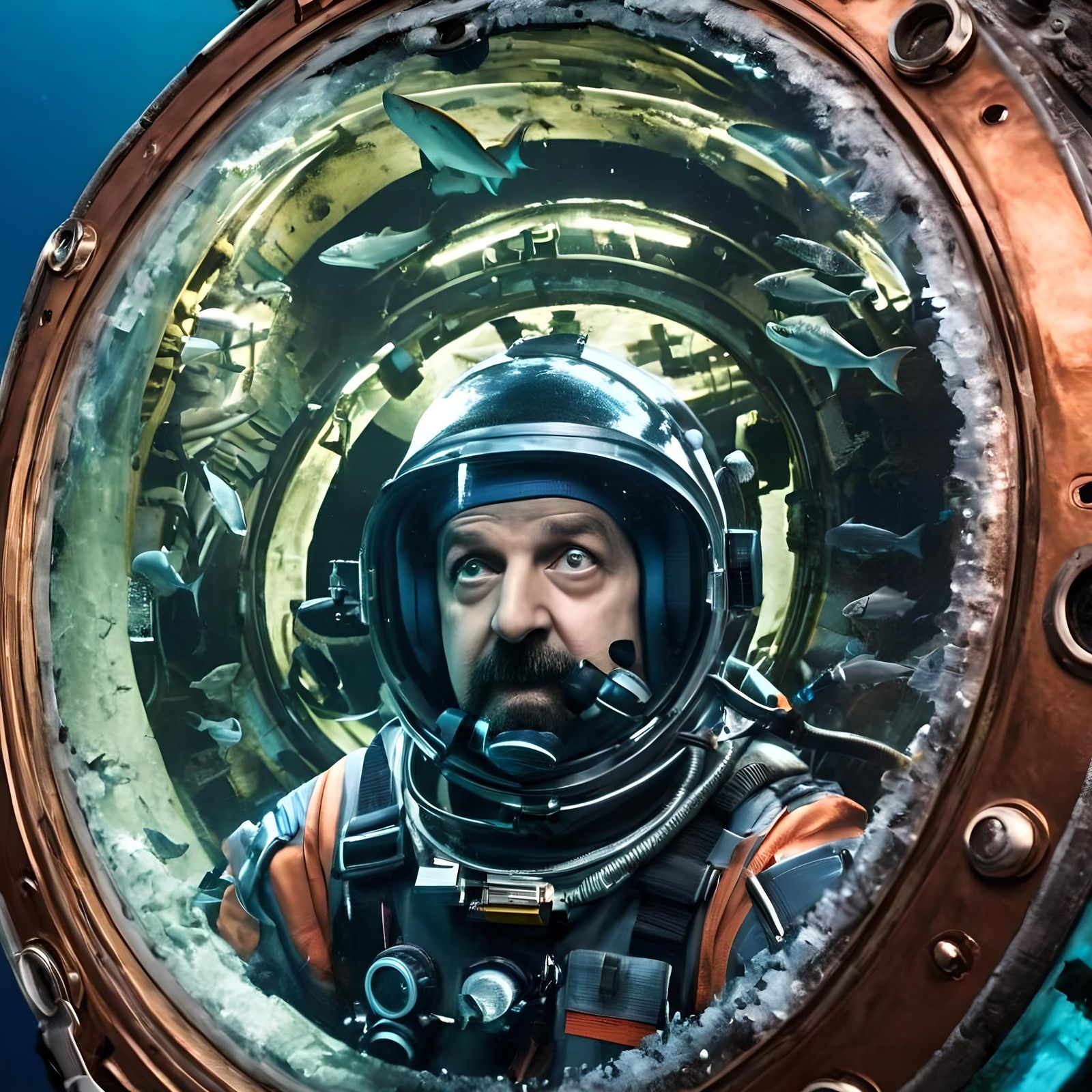 Diver in Copper Spacesuit Surrounded by Marine Life