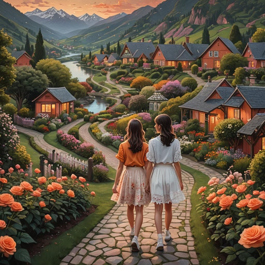 Girls Strolling Through Rose Garden in Hyperrealism