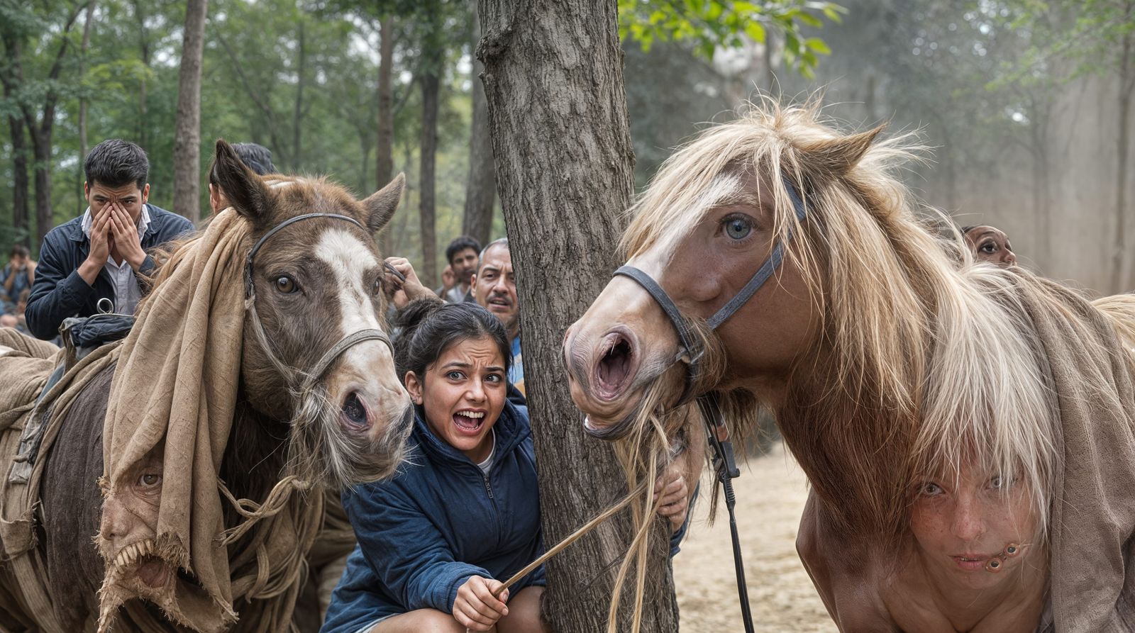 Terrified Tourists Crouch Behind Frightened Pony in Indian F...