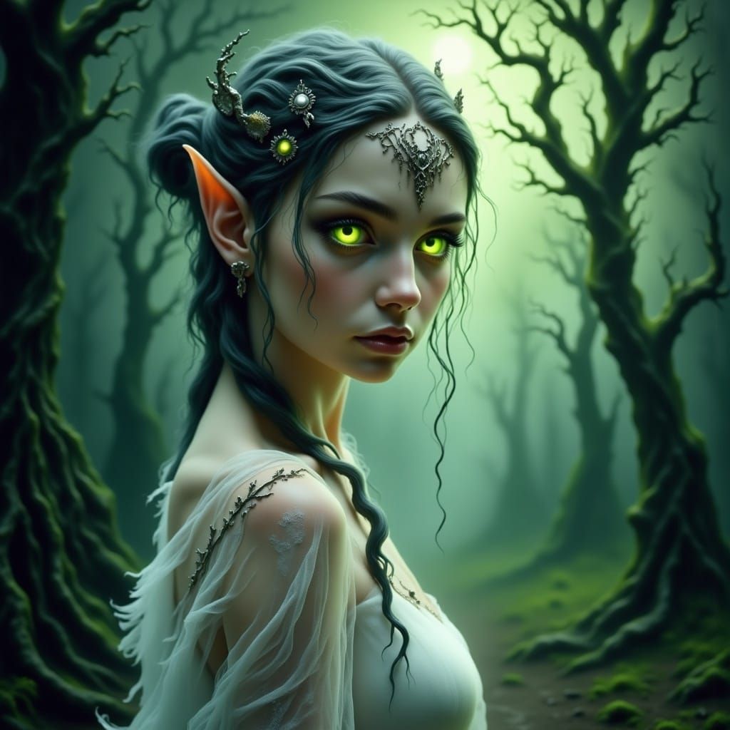 Ethereal Elven Woman in Moonlit Forest Glade