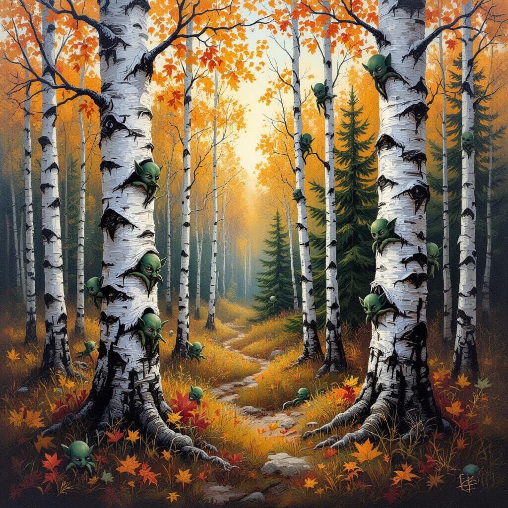 Hidden Demonic Imps in Autumn Forest Oil Painting