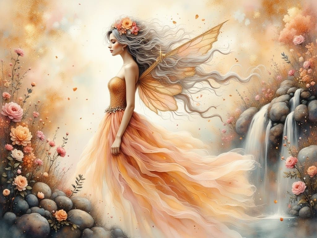 Elegant Fairy in Peach Dress with Glittery Wings