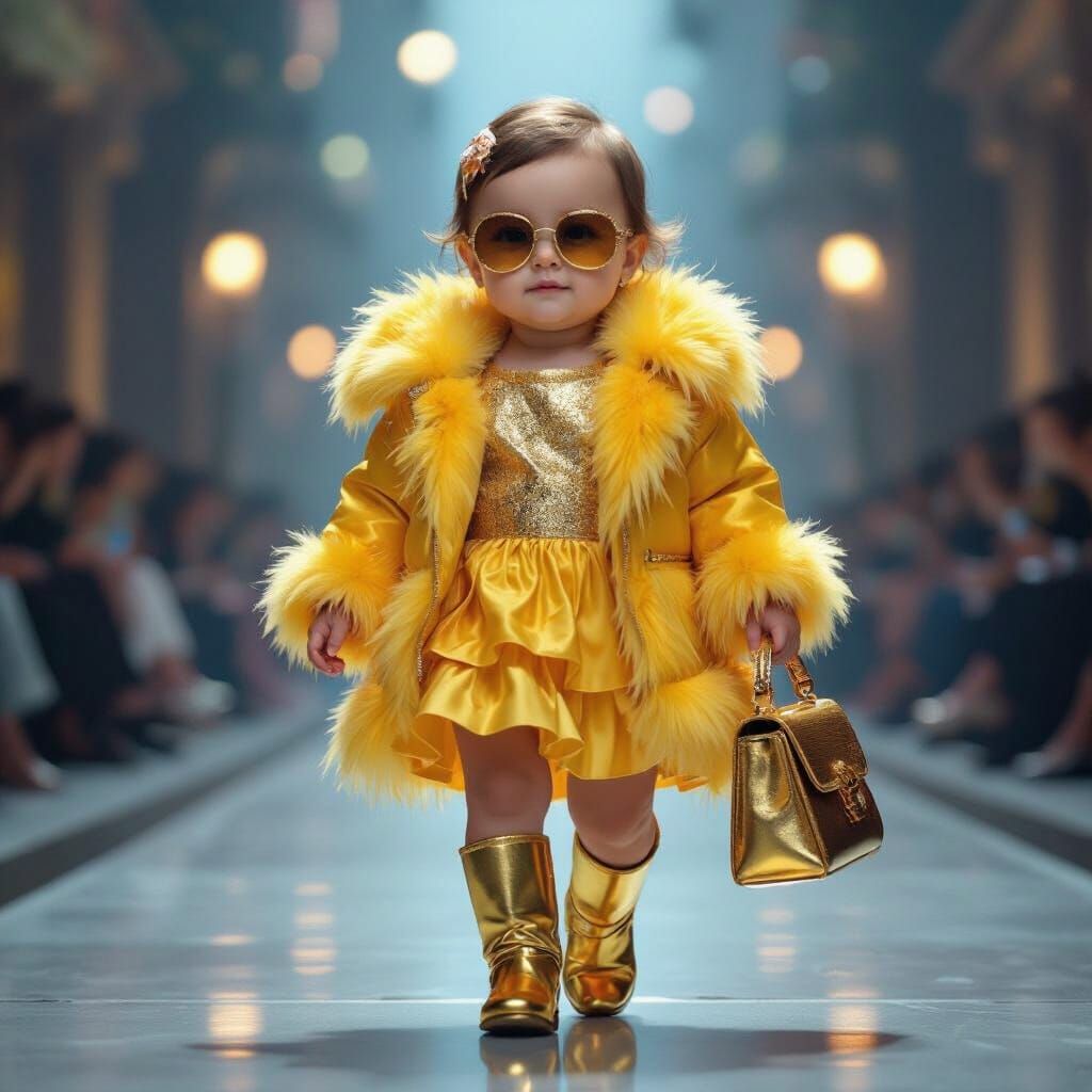 Baby Supermodel Struts Runway in Glamorous Feather Jacket