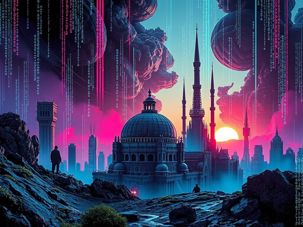 Surreal Dystopia with Matrix Code and Glitch Art