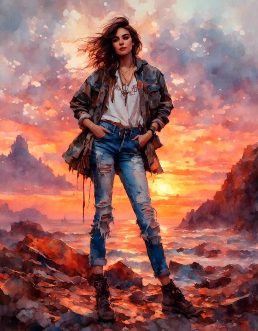 Tomboy in Tattered Clothes at Sunset