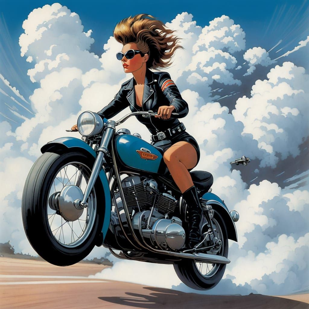 Biker With Cloud Tires in Comic Book Style
