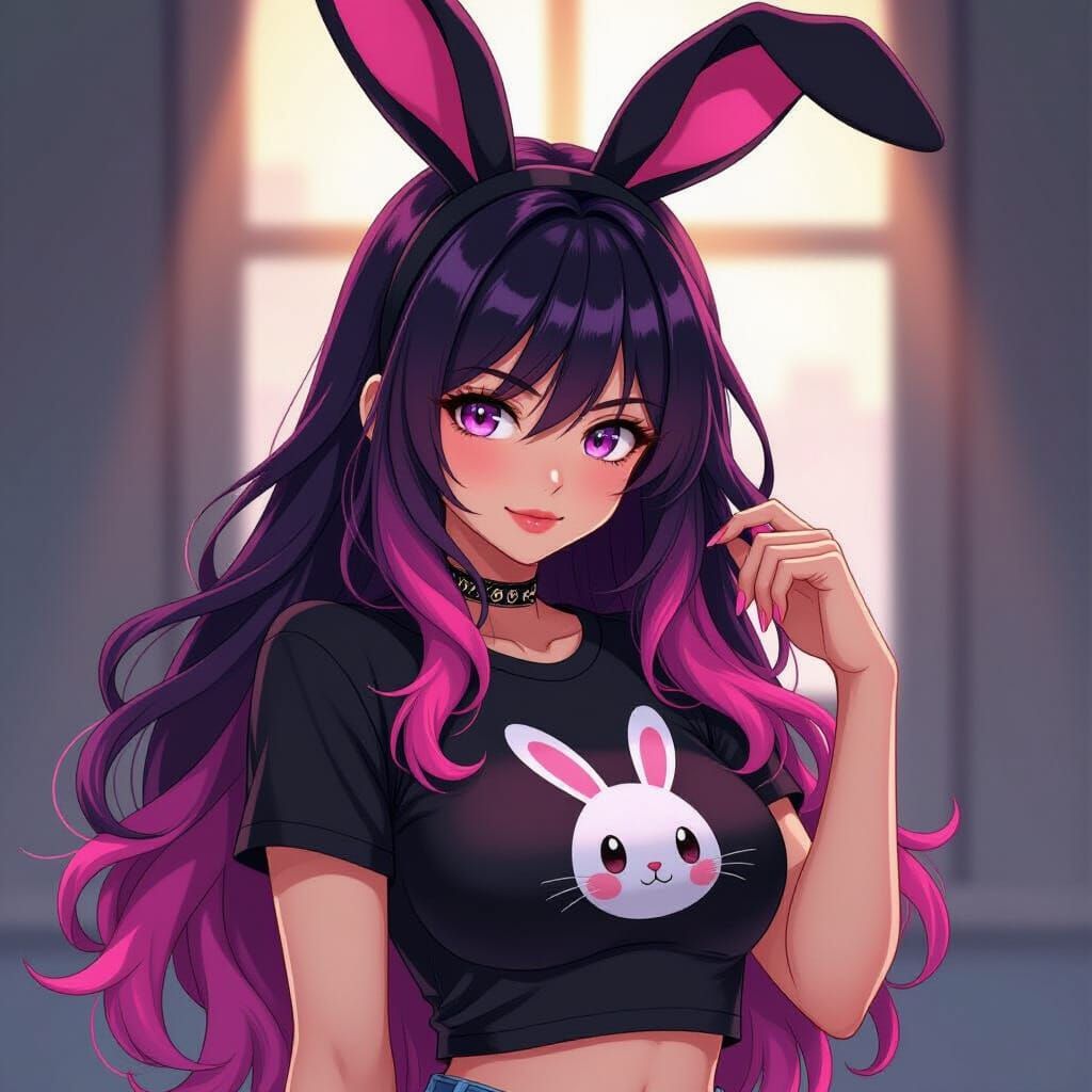 Anime Woman with Pink & Black Hair and Bunny Ears