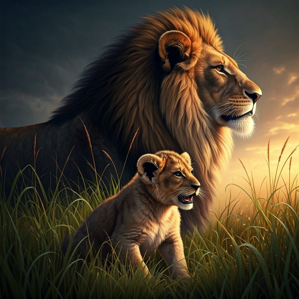 Hyper Realistic Lion Cub in Tall Grass