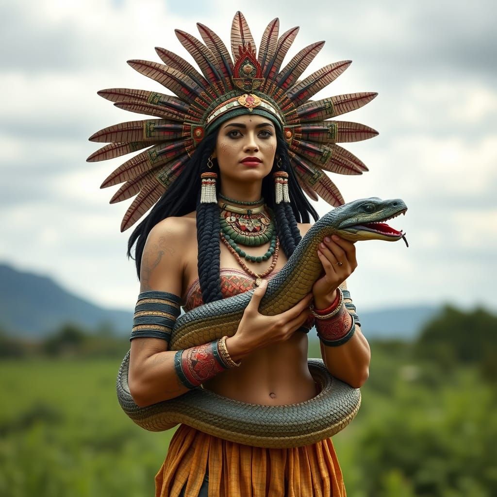 Aztec Woman Holding Serpent Digital Art