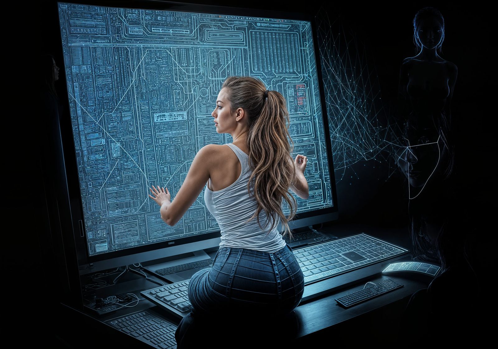3D Woman with Large Computer in Background