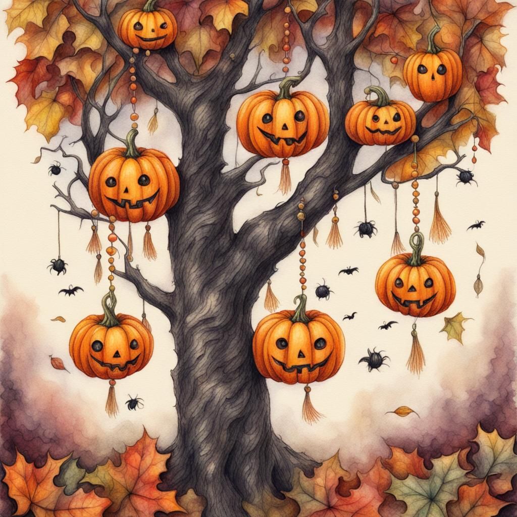 Halloween Pumpkins on a Tree in Pencil Art