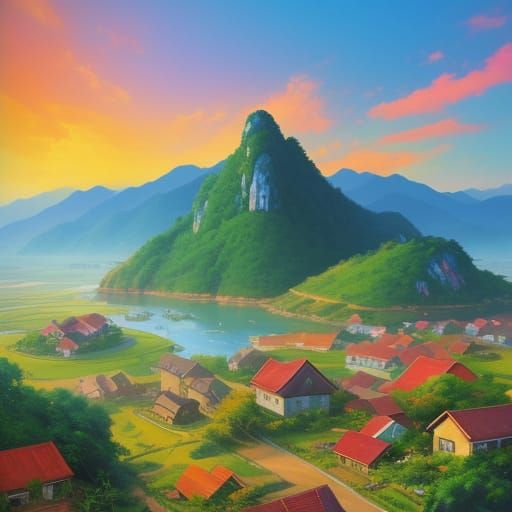 Vivid Vietnamese Hill Village in Textured Oil Painting
