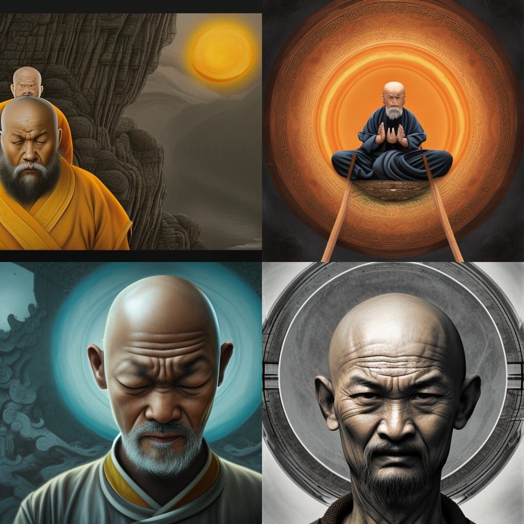 shaolin master, old man, meditate, yin-yang, symmetrical face, detailed, 8k, high resolution, detailed matte painting, d...