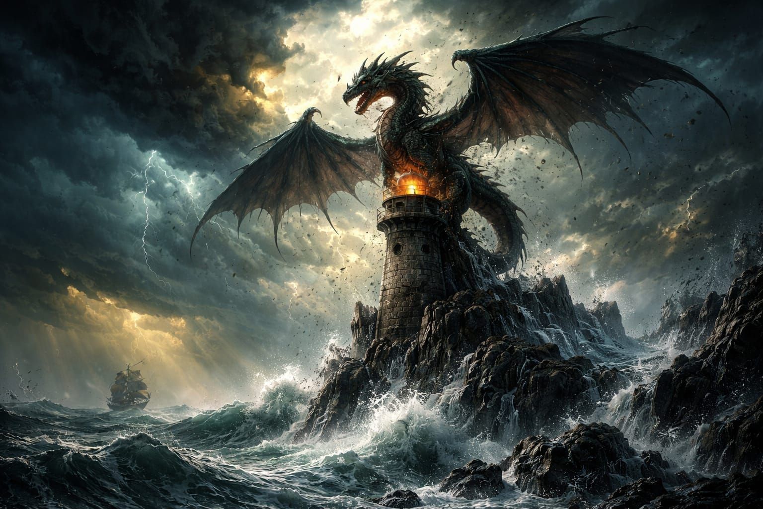 Dragon on Lighthouse in Epic Storm Digital Painting