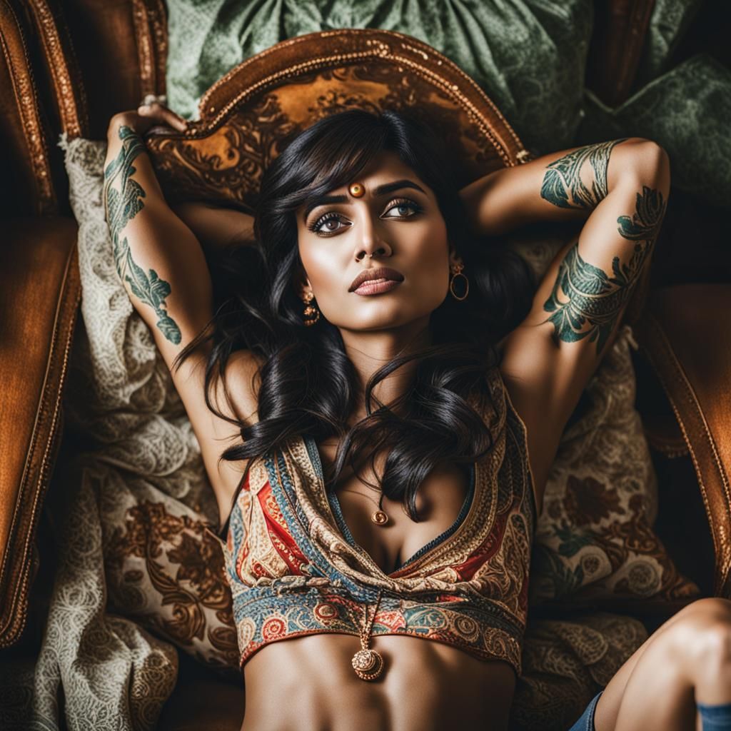 Attractive East Indian Woman on Couch: Hyperrealistic Photo