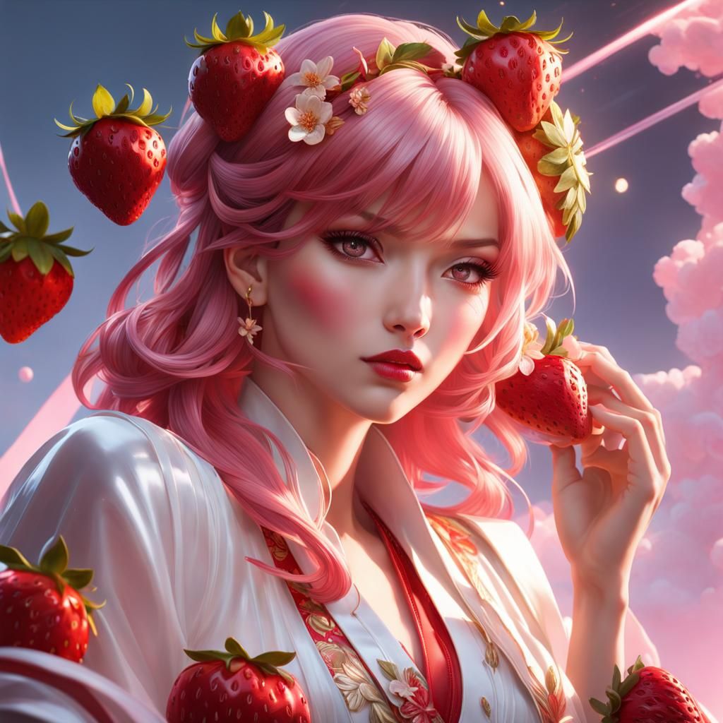 Strawberry Cake Portrait in Japanese Art Style